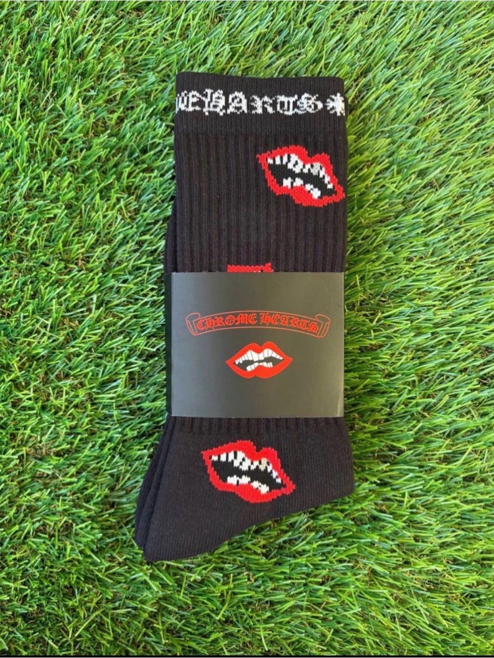 Chrome Hearts Black Crew Socks with Red Lip Graphic